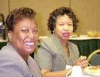 Rosalind Lett (left) and Sandra Franklin are all smiles at the banquet--must be the excellent food provided by the Sea Palms chef!